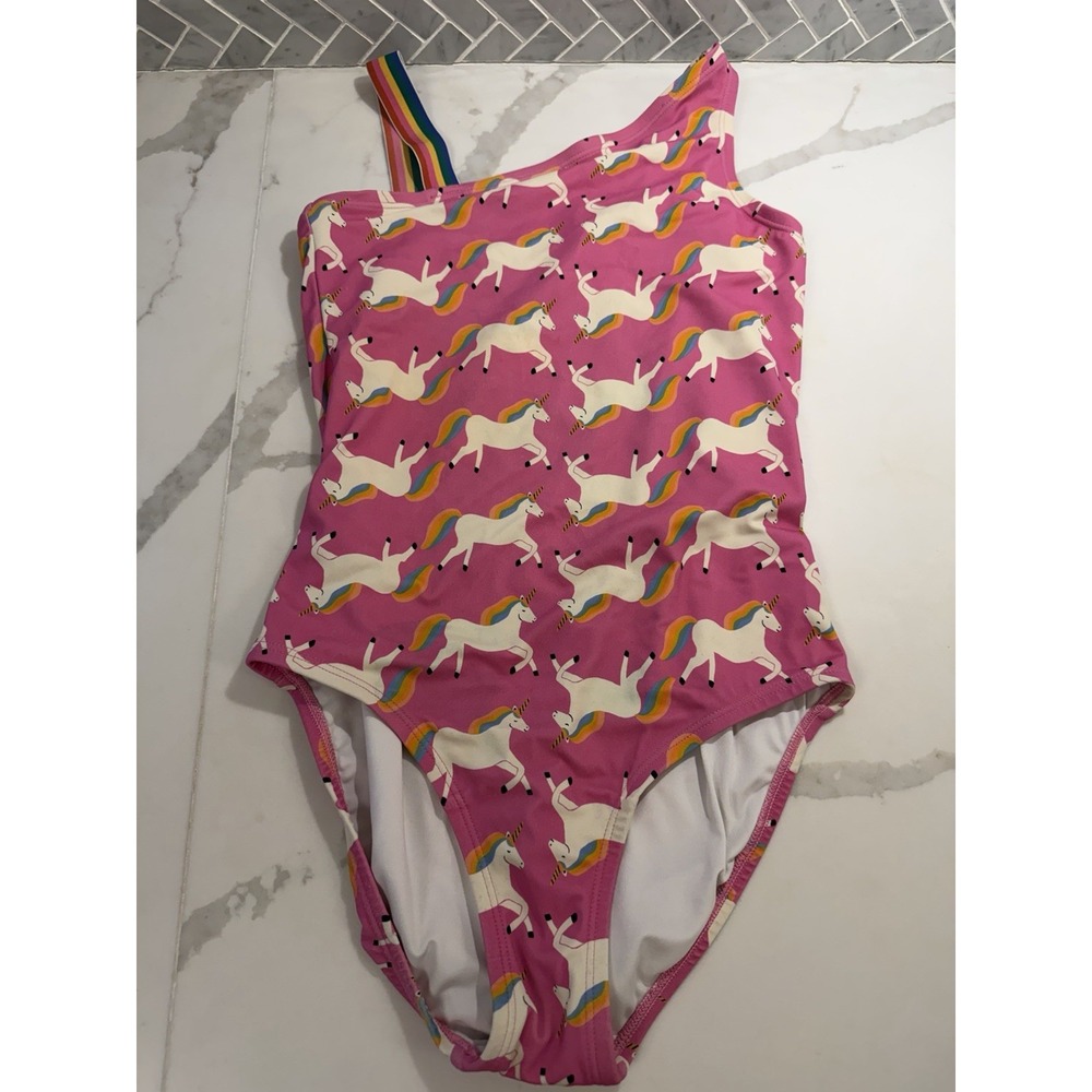 Hanna Andersson Pink Rainbow Unicorn One Piece Swimsuit Sz 12 Cute Play Pool